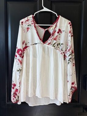 Kori Ivory Blouse with Red Floral Trim
